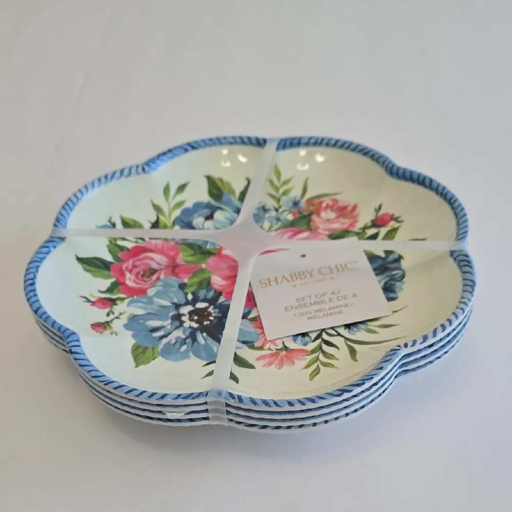 NWT Shabby Chic  Set Of 4 100% Floral Blue Pink Scalloped Melamine Plates